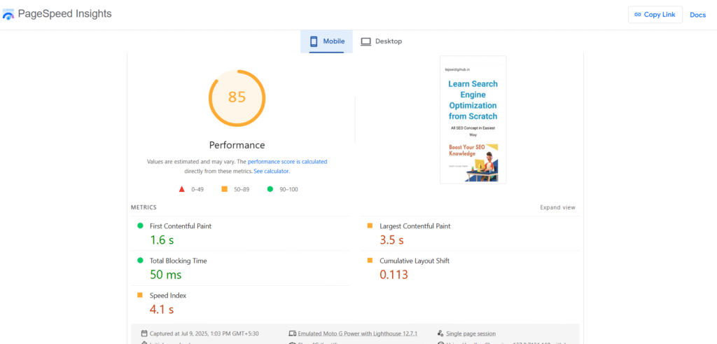 PageSpeed Insights Core Web Vitals report