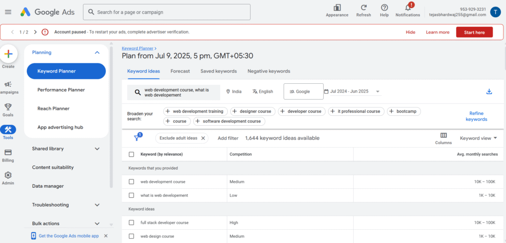 keyword research in google keyword planner