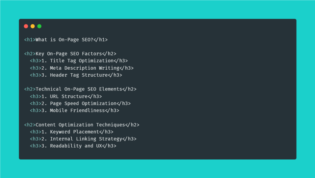 HTML heading structure with H1, H2, H3 tags